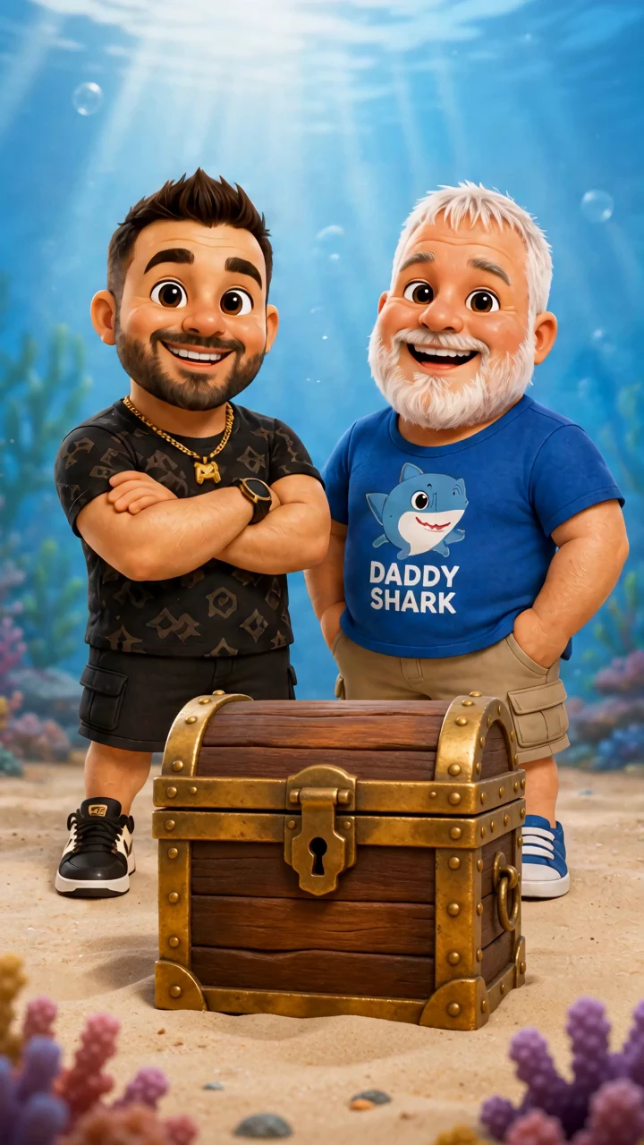 Kenny and Don smiling underwater beside a treasure chest